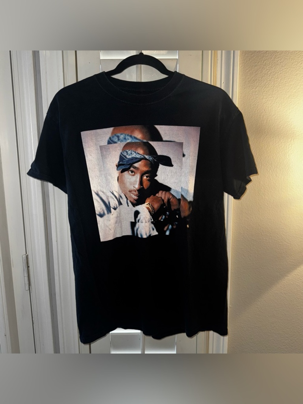 2Pac Black Graphic Crewneck T-Shirt with Portrait Print